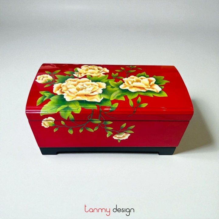 Red rectangular lacquer box hand-painted with confederate rose 18*35cm